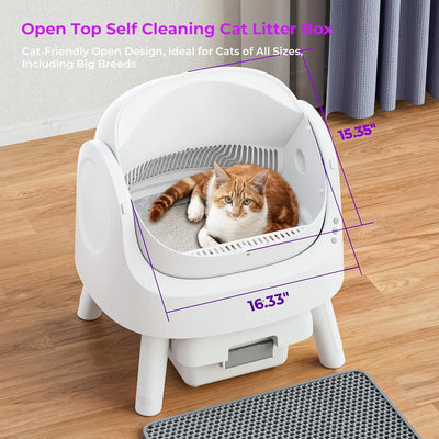 Self Cleaning Automatic Cat Litter Box Open Top Convenient for Multiple Cats with Liners and Mat White